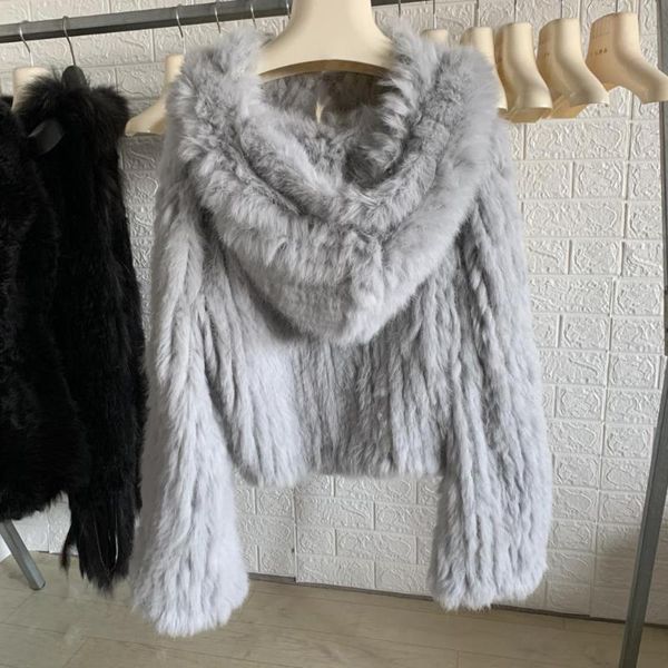 

women's fur & faux autumn winter jacket women real coat loose manual weave 100% natural hooded flare sleeves, Black