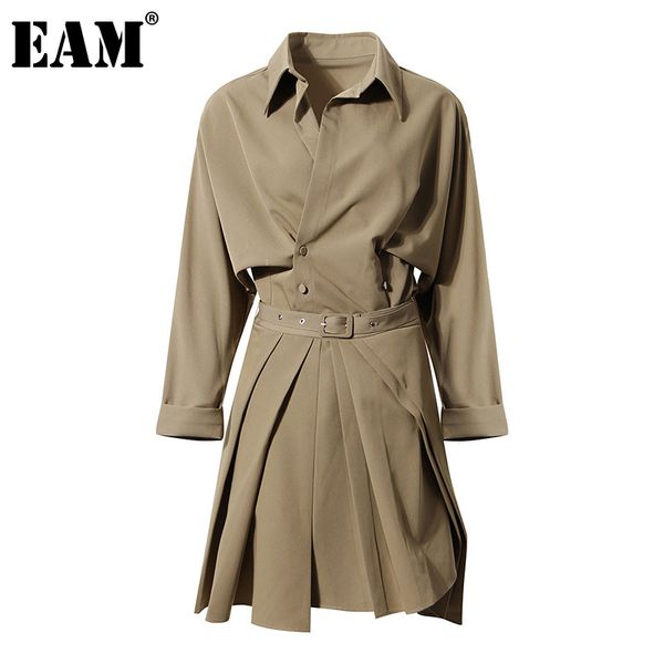 

[eam] half-body skirt two pieces asymmetrical pleated suit turn-down collar long sleeve loose women fashion spring autumn 21512, White