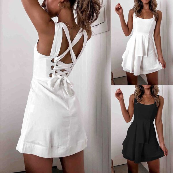 

casual dresses backless lace up bodycon mini woman dress 2021 summer white party bandage strap ladies for women robe femme qp, Black;gray