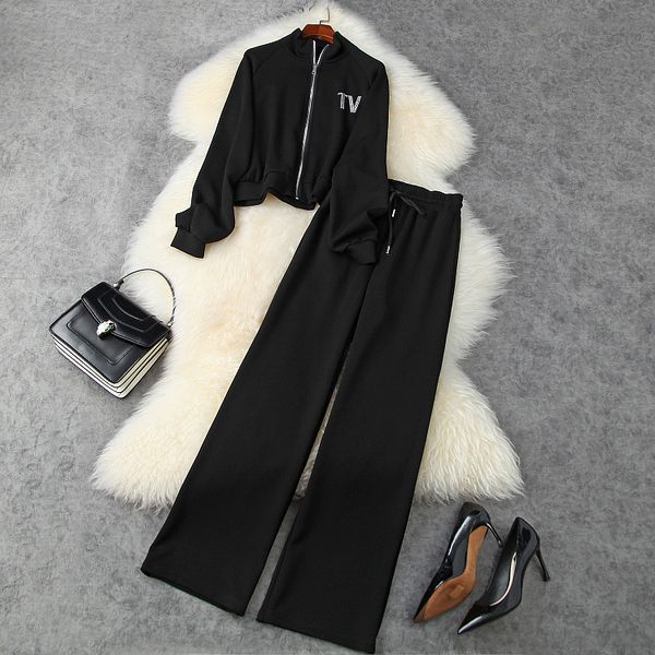 

women's two piece pants european and american women's clothing autumn style long sleeve ironing drill letter coat trousers fashion, White