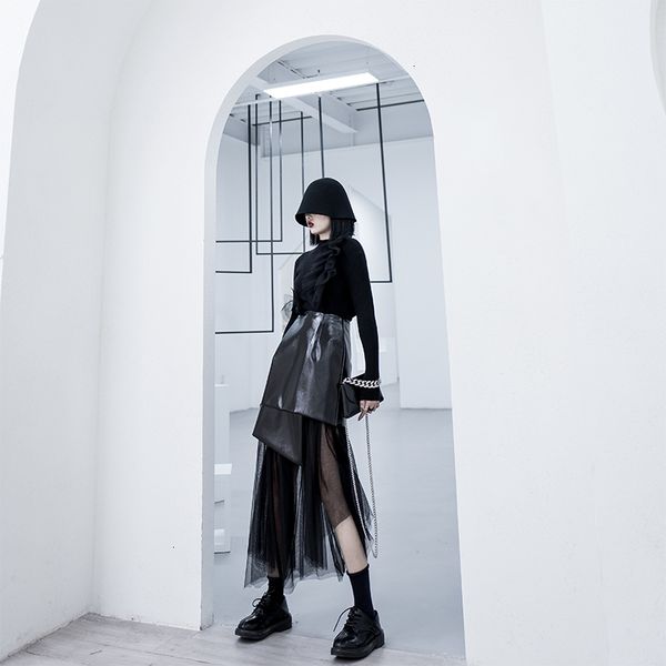 

skirts mesh pu leather women black asymmetrical patchwork ladies midi skirt fashion clothing mqze