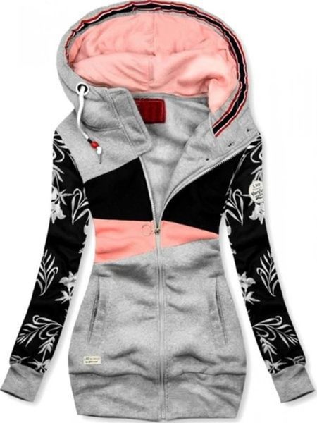 

casual dresses sweater zipper color matching hooded long sve coat, Black;gray