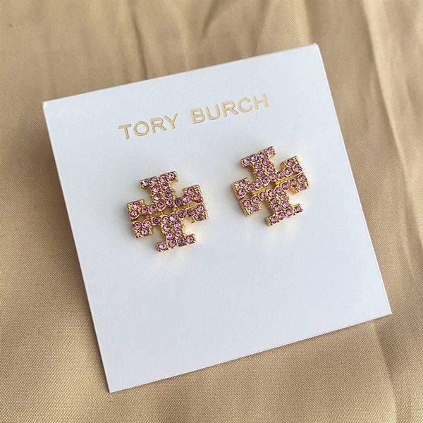 

special offer 70% off luxury jewelry 2021 new jewelry tb pink inlaid fashion texture plated 18k earrings, Golden