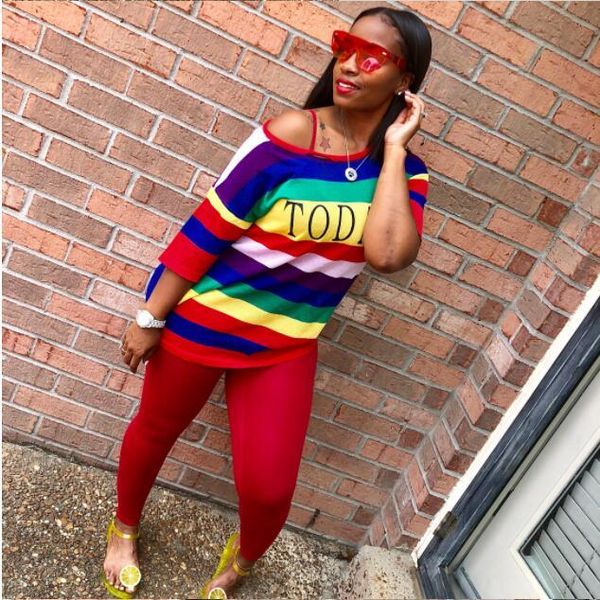 

summer fashion striped women suits casual rainbow colorful young short sleeve long pants slim elastic girls 2 piece women's tracksuits, Gray