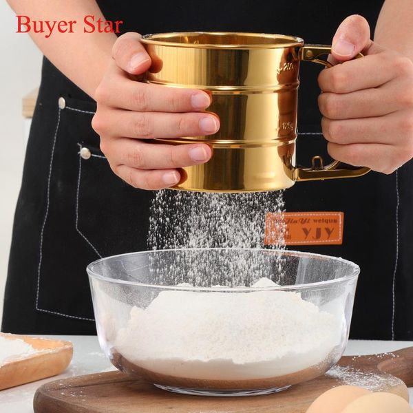 

golden manual stainless steel flour sieve baking pastry tools durable bakeware sugar shaker metal mesh cup kitchen gadget &