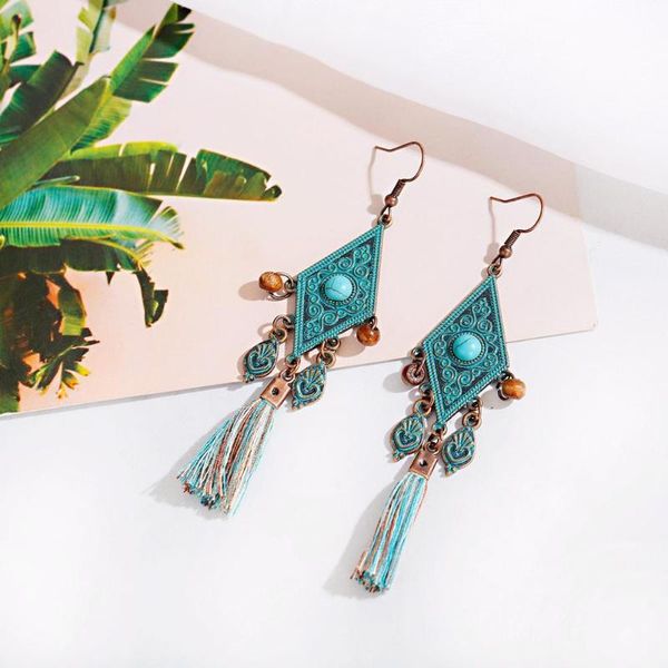 

dangle & chandelier retro bohemian ethnic style long earrings bronze alloy pendant geometric pattern turquoises inlaid cotton silk tassel, Silver