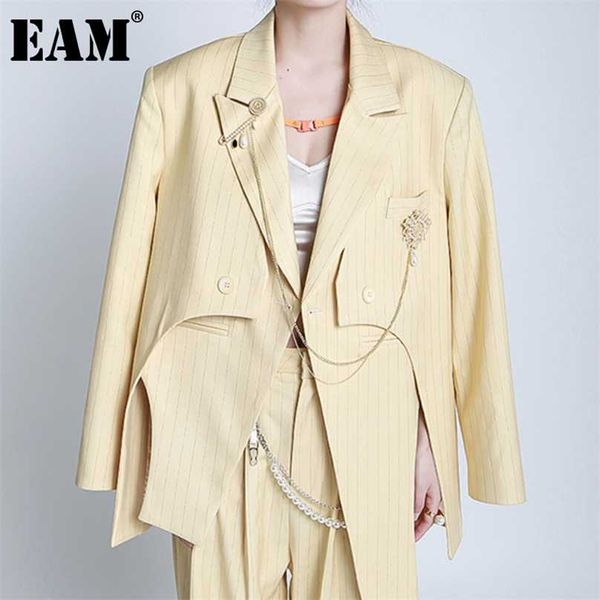 

[eam] women big size stripe irregular blazer lapel long sleeve loose fit jacket fashion spring autumn 1dd6005 211006, White;black