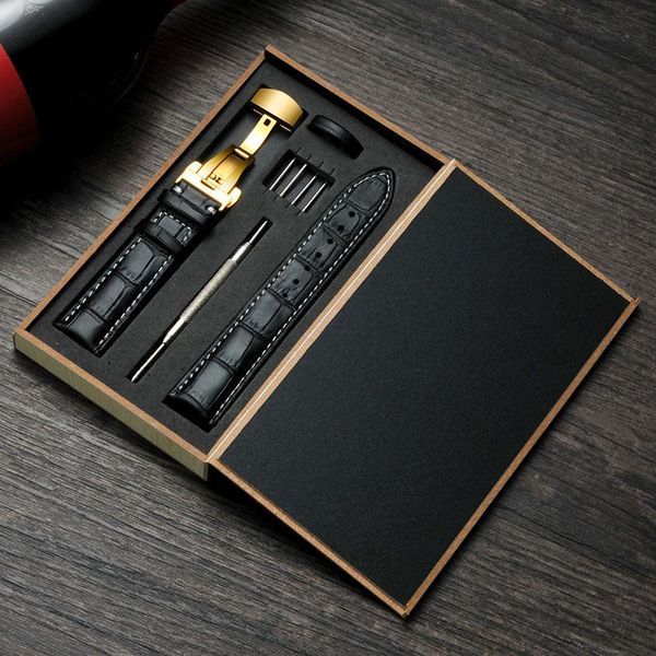 

watch bands 12-24mm genuine leather watchband with double press butterfly clasp for men women watches accessories box package, Black;brown