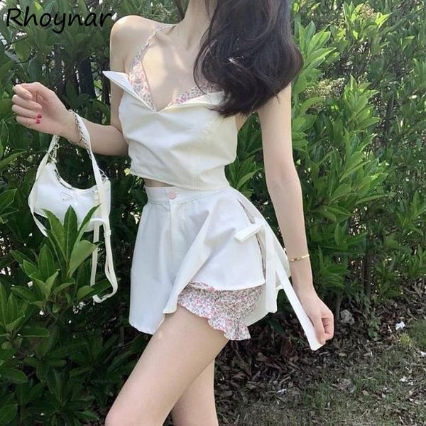 

women's tracksuits women short sets fashion sweet patchwork sleeveless korean style summer mini high waist crop camis streetwear party, Gray