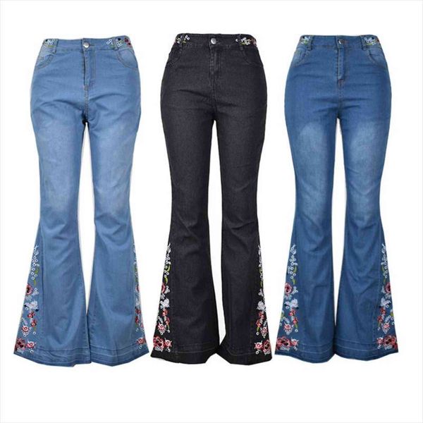 

tall flower embroidered retro womens jean plus size high waist thin big bell bottom long denim pants, Blue