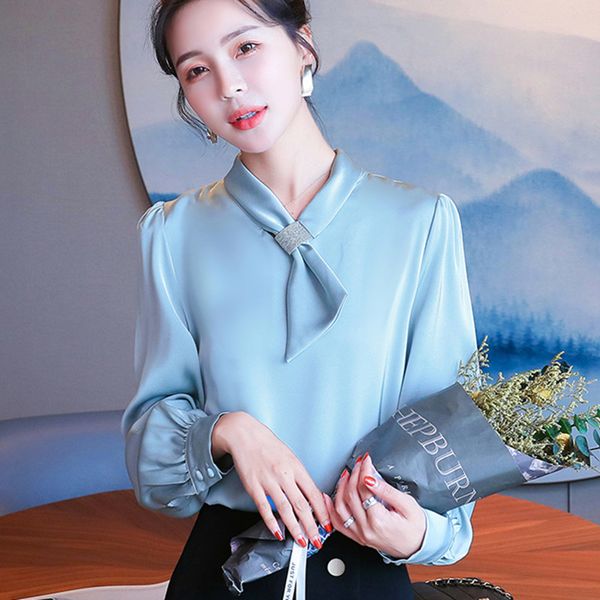 

korean silk blouses for women satin blouse elegant long sleeve shirts ladies plus size blusas mujer de moda 210427, White