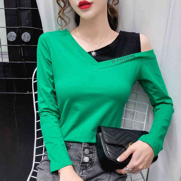 

women's t-shirt shintimes hole letter print off shoulder long sleeve t women fall cotton woman clothes tee femme 3qle, White