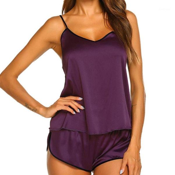 

women's sleepwear women ice silk harness home pajama set black v-neck pajamas sleeveless house cami and shorts, Black;red