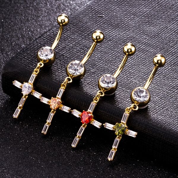 

cross shape stainless steel crystal belly button rings piercings nombril ombligo piercings navel earring piercing jewelry, Silver