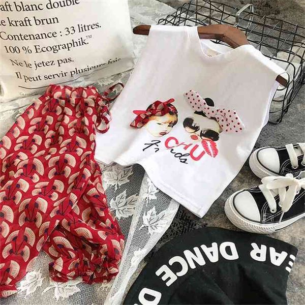 

summer girls' clothing sets fashion korean cartoon bowknot vest+ cropped trousers 2pcs baby kids clothes suit children 210625, White
