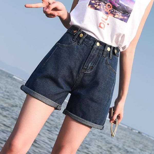 

women's shorts high waist jeans short for women chic boyfriend summer 2021 buttons adjustable solid fold edge beach fashion denim, White;black