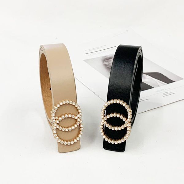 

belts fashion lady pu leather belt double round pearl buckle for women luxury designer brand jeans trouser dress wild waistband, Black;brown