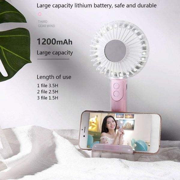

electric fans j0pe mini portable outdoor handheld fan usb rechargeable with makeup mirror detachable phone holder bracket