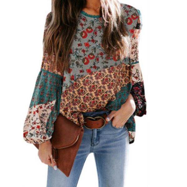 

women printed pattern patchwork shirts blouse, round neck lantern sleeve retro boho blouse women's blouses &, White