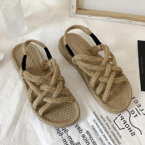

rope straw sandals student girl women fairy 2021 summer net seaside, Black