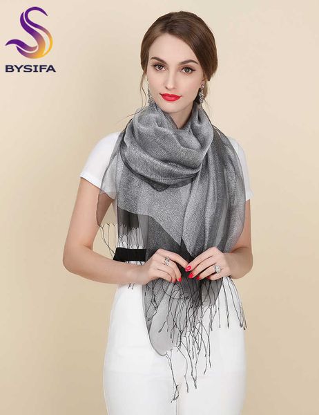 

new elegant organza silk scarf shawl fashion 100% mulberry silk silver grey female long scarves autumn winter ladies tassel cape q0828, Blue;gray