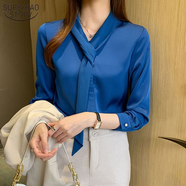 Camicia blu Camicie da donna in raso femminile Camicetta in chiffon a maniche lunghe moda Tuta autunnale per donna Office Lady Style 12191 210508