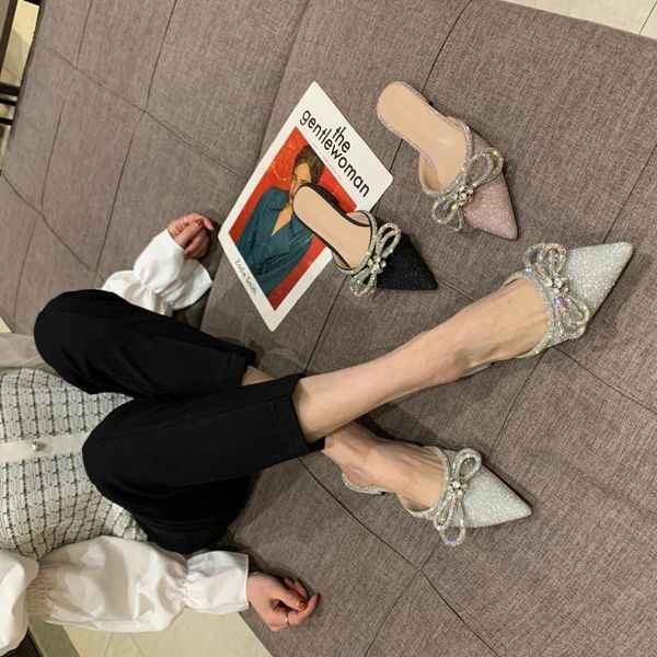 

summer wear pointed rhinestone bow temperament flat bottom and thin baotou half slippers female, Black