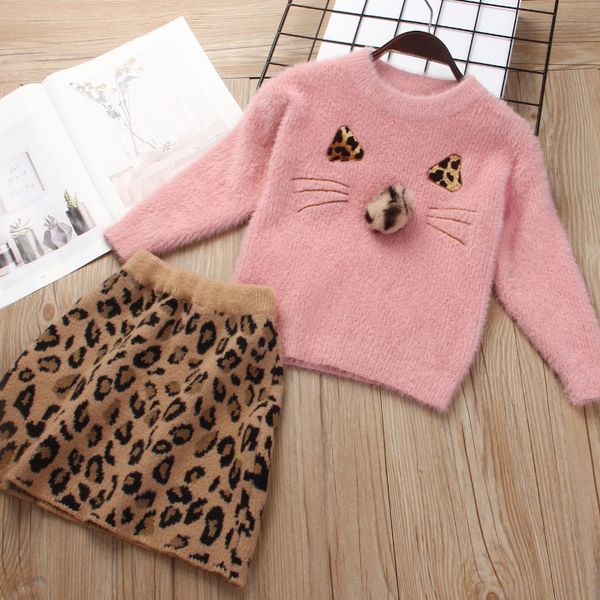 

2021 .2022 autumn winter kids girls long sleeve cat pullover sweater leopard a-line skirt 2pcs fashion children clothing set, White