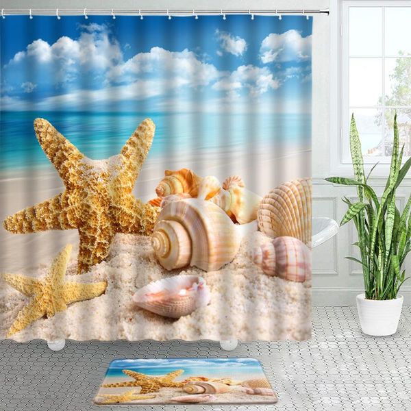 

shower curtains summer beach conch starfish bath mats set blue ocean natural scenery door mat bathroom rug decor non-slip carpet