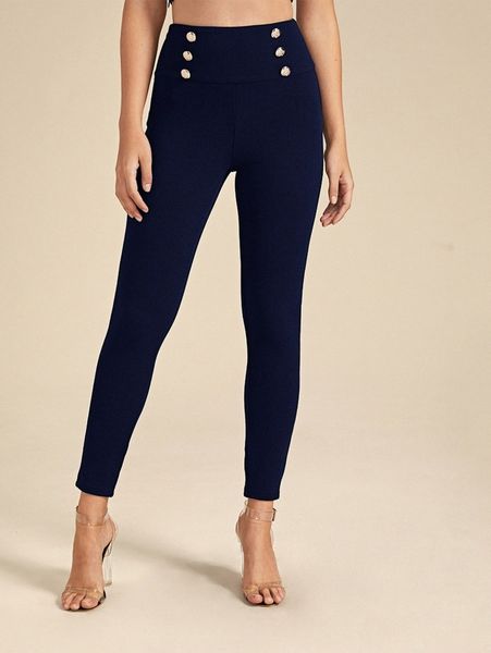 

wide waistband double button skinny pants 92f9#, Black;white