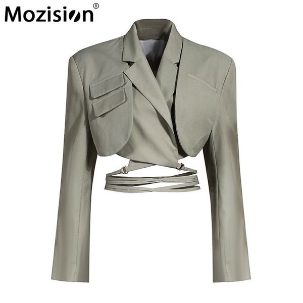 

mozision irregular elegant blazer for women notched long sleeves lace up bowknot blazers female spring fashion coat 210915, White;black