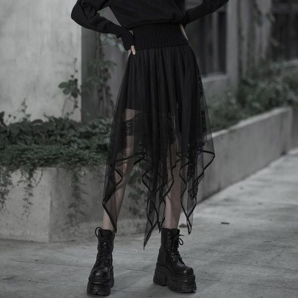 

skirts punkrave women's gothic chiffon lace irregular hem half skirt personality fashion embroidery transparent daily, Black