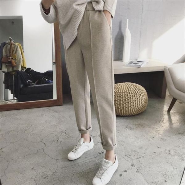 

winter thick woolen harem womens pant feet carrot large size nine points loose casual straight suit trousers, Black;white