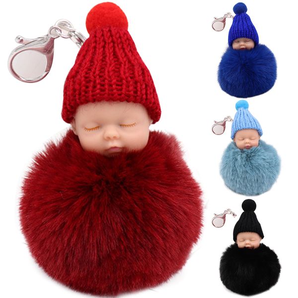 

fluffy pompom key rings rabbit fur ball keychains sleeping baby doll keyfobs holder for women pendant keyring kimter-p28fa, Slivery;golden