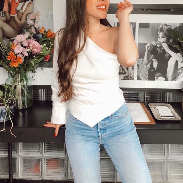 

women shirts one shoulder white blouse irregularity long sleeve short style female casual stylish blusas