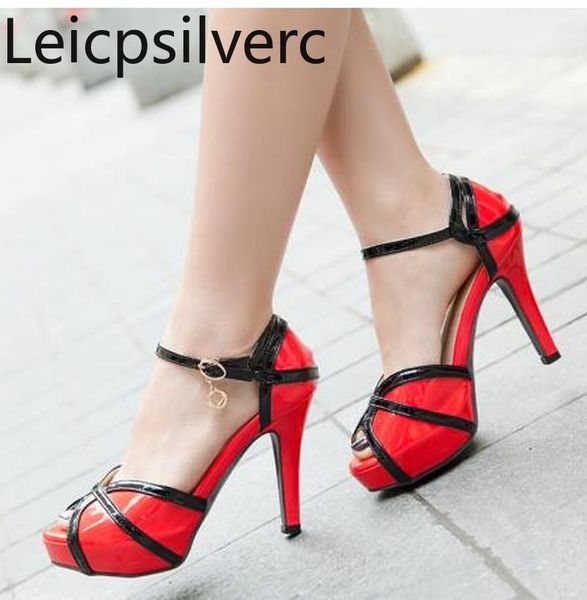 

women's sandals summer fashion fine heel color matching fish mouth shoes black red white plus size 33-43