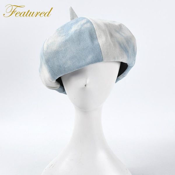 

spring tie-dye cowboy women's beret niche personality big head pumpkin hat casual painter berets, Blue;gray