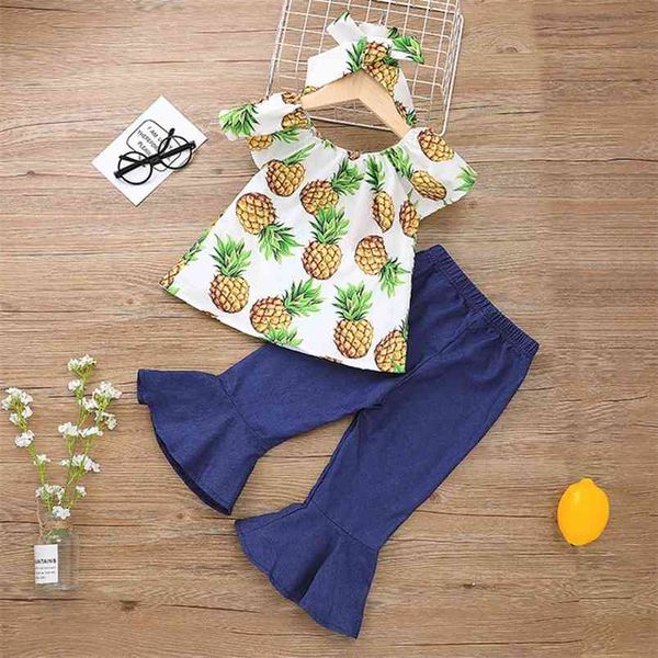 Sommer Kinder Sets Kurzarm O Neck Print Ananas T-shirt Blau Solide Flare Hosen Nette Mädchen Jungen Kleidung Set 1-8T 210629