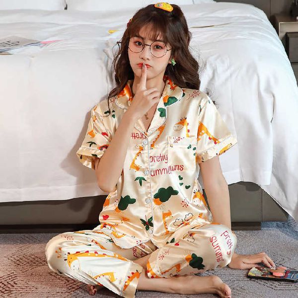 Pijama de seda para mulheres Designer Sleepwear Adorável pijamas definir manga curta + calça longa casa desgaste estilo preguiçoso femme underwear Q0706