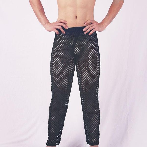 

men's hollow out pants trousers casual fun mesh pajamas leggings fitness elastic waist, Black