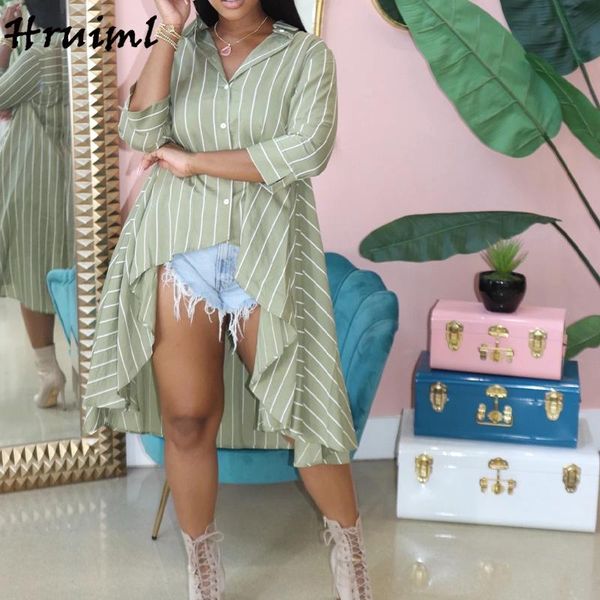

shirt dress women 3/4 sleeve lrregular hem button clothing fashion striped casual loose for dresses, Black;gray