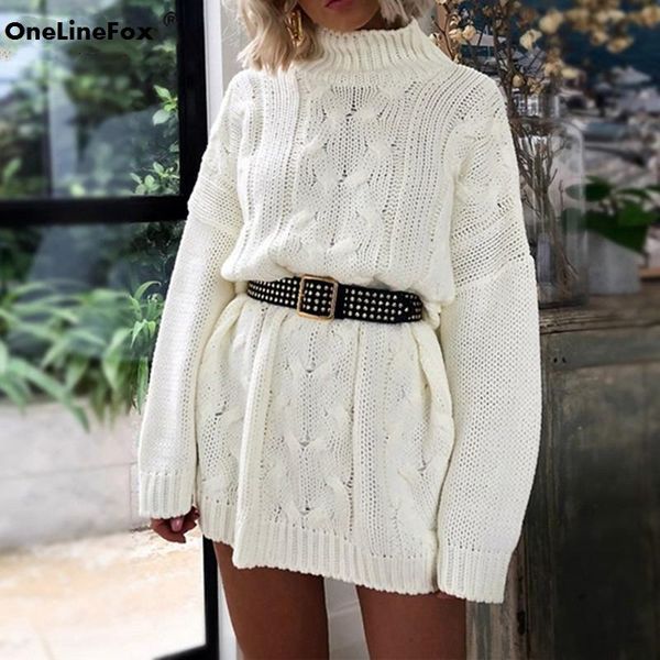 

onelinefox casual turtleneck sweater dress women white khaki long sleeve autumn winter split mini knitted dresses, Black;gray