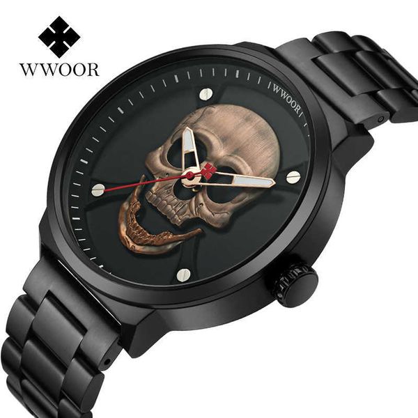 

wwoor fashion pirate style skull watch men brand luxury men waterproof stainless steel quartz wrist watches sports men clock 210527, Slivery;brown