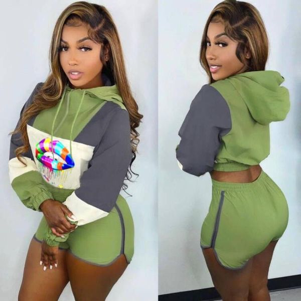 

women's tracksuits ladies suit hooded sweater printing stitching striped sports style long-sleeved shorts casual clothing, Gray