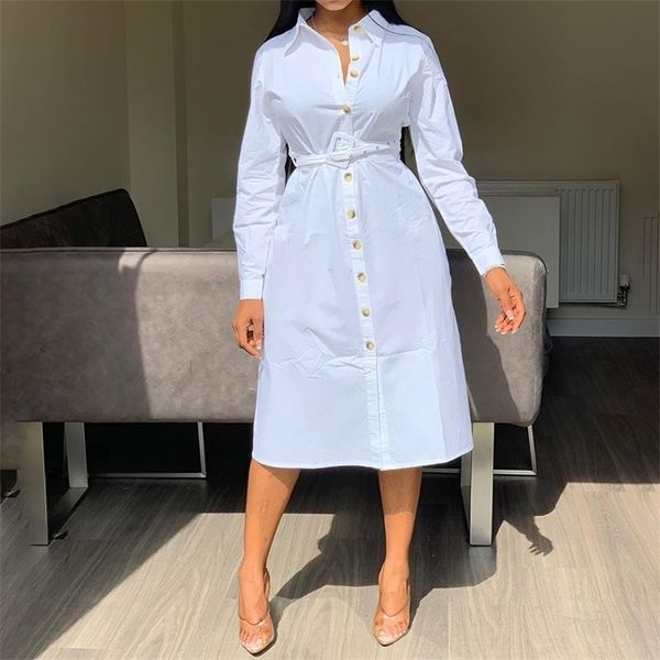 

fashion white shirt dress elegant office ladies long sleeve loose plain turn down collar female plus size midi dress summer, Black;gray