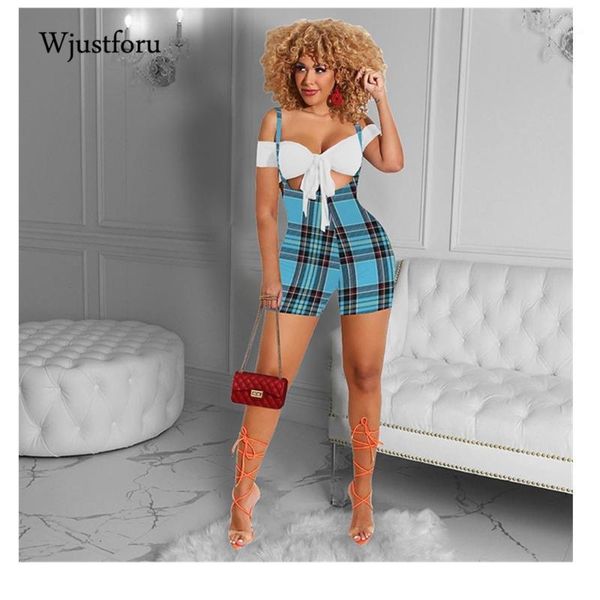 

women's tracksuits wjustforu plaid spaghetti strap two piece set women fashion high waist romper bandage crop 2021 summer outfits femal, Gray