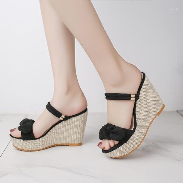 

shoes slippers women summer on a wedge beige heeled sandals luxury slides butterfly-knot platform pantofle black designer high s1