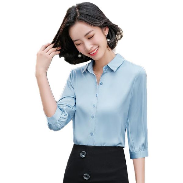

women's polos acetate satin shirt for women 2021 spring and summer fashion design square collar half sleeve professional chiffon, White