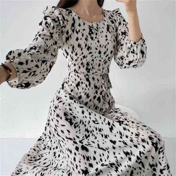 

leopard printed dress woman cloth high waist chic o-neck dresses long-sleeve korean vestidos elegant clothing spring 210603, Black;gray