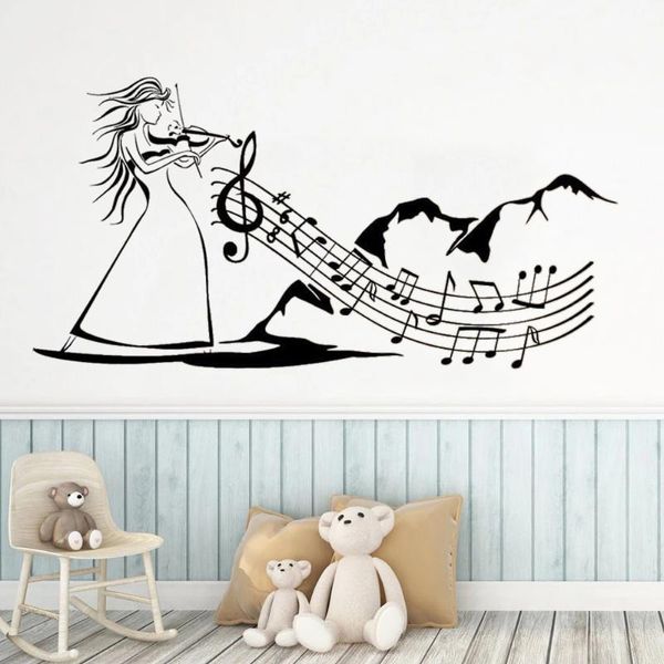 Adesivi murali Nursery Camera da letto Decalcomanie Murales Decor Impermeabile Musica popolare Violino Arte musicale Donna Decorazione Poster DW7865